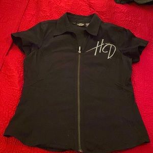 Medium Women’s black short cap sleeve zip cotton Harley-Davison (HD) shirt